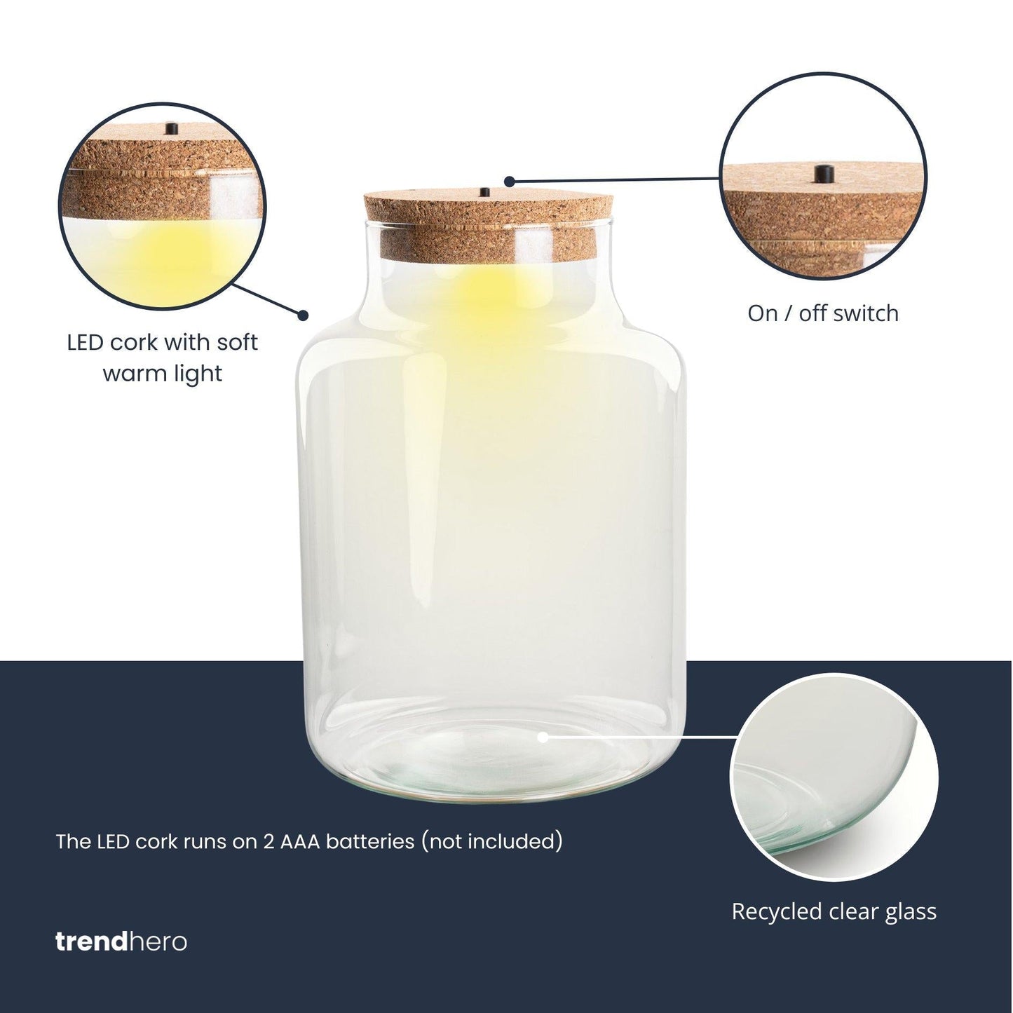 Terrarium Flasche – Geschlossene Glasflasche mit Korken & LED-Beleuchtung – Höhe 24,5cm Ø17cm – Dekoratives Pflanzenterrarium aus Recyclingglas