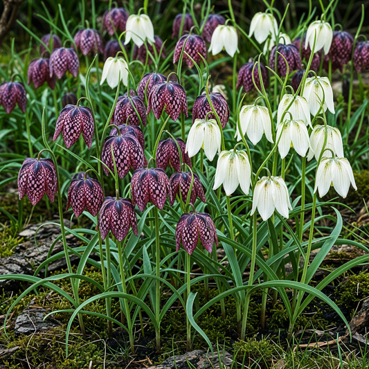 Blumenzwiebeln Fritillaria Meleagris Schachbrettblume Mix – 30 Blumenzwiebeln – Lila & Weiße Kiebitzeier-Blumen – Frühblühende Zwiebeln für Beet, Balkon & Terrasse – Pflegeleicht